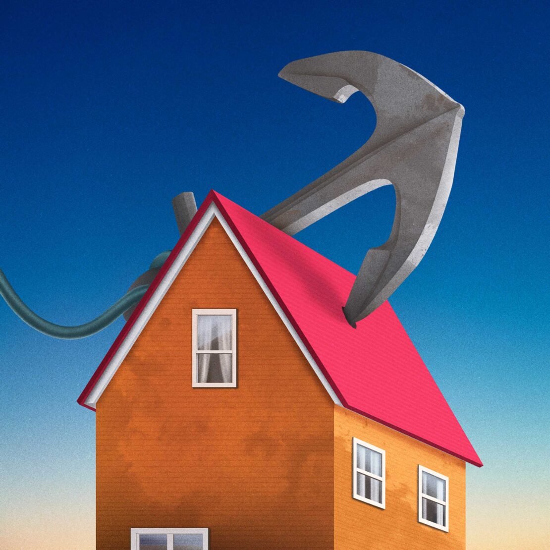 Illustration of a house with a pink roof being lifted by a large anchor against a gradient blue sky, creating a surreal scene.