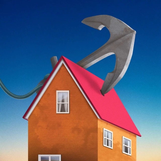 Illustration of a house with a pink roof being lifted by a large anchor against a gradient blue sky, creating a surreal scene.