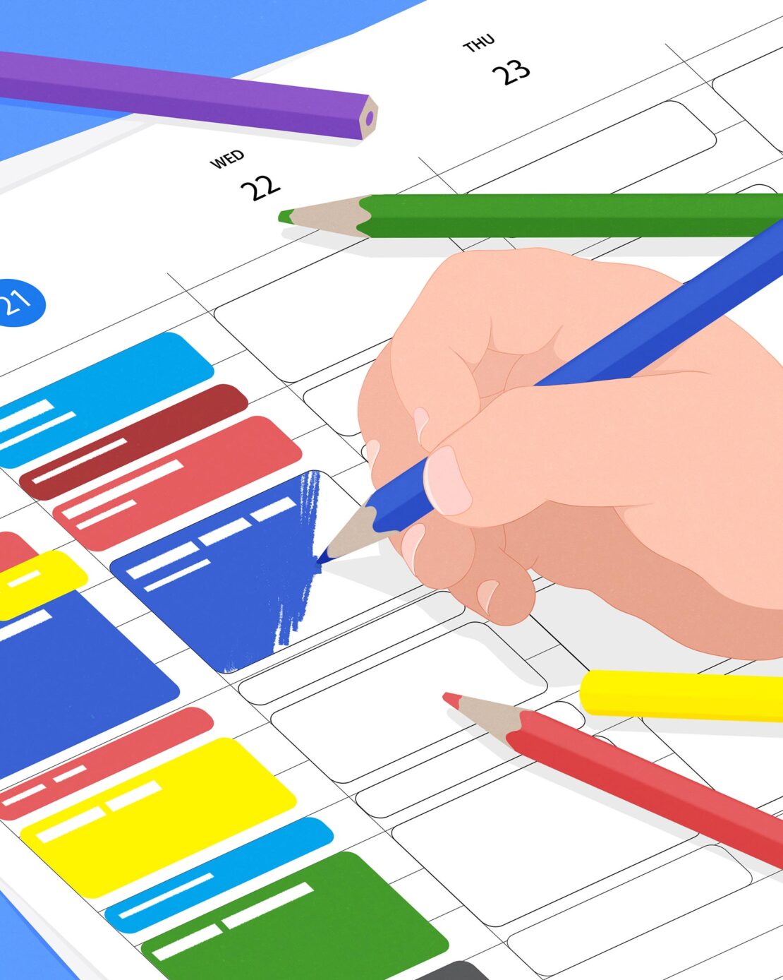 A hand draws on a colorful calendar, with several colored pencils around it, rendered in a simple illustration style.