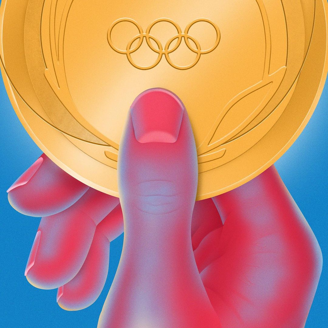 Illustration of a hand holding a gold medal with the Olympic rings emblem against a blue background. Close-up of the award.