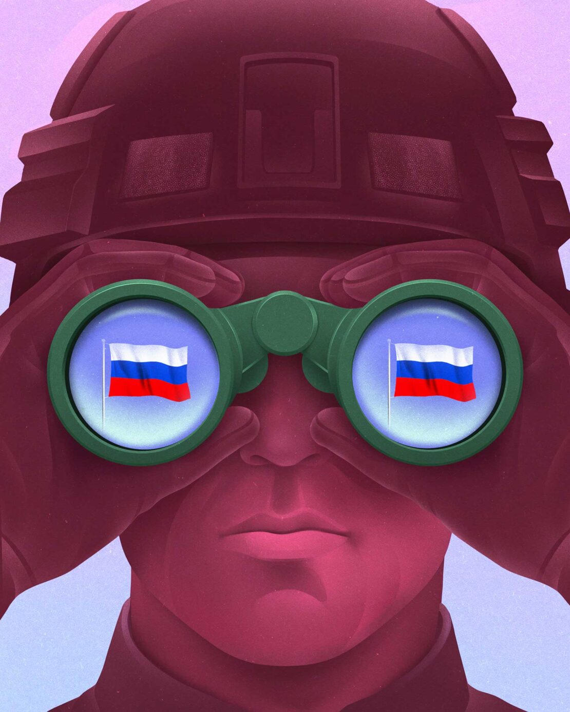 Digital illustration of a soldier in a helmet looking through green binoculars reflecting Russian flags.