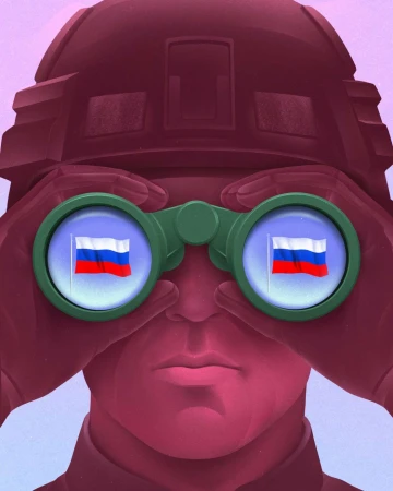 Digital illustration of a soldier in a helmet looking through green binoculars reflecting Russian flags.