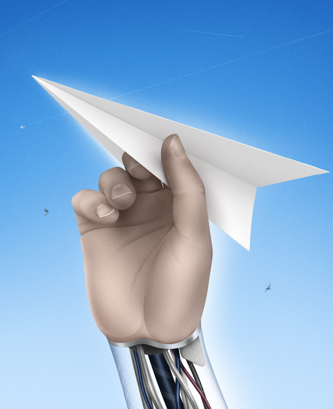 Digital art shows a pale hand holding a white paper airplane against a gradient blue sky with wire details near the wrist.