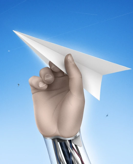 Digital art shows a pale hand holding a white paper airplane against a gradient blue sky with wire details near the wrist.