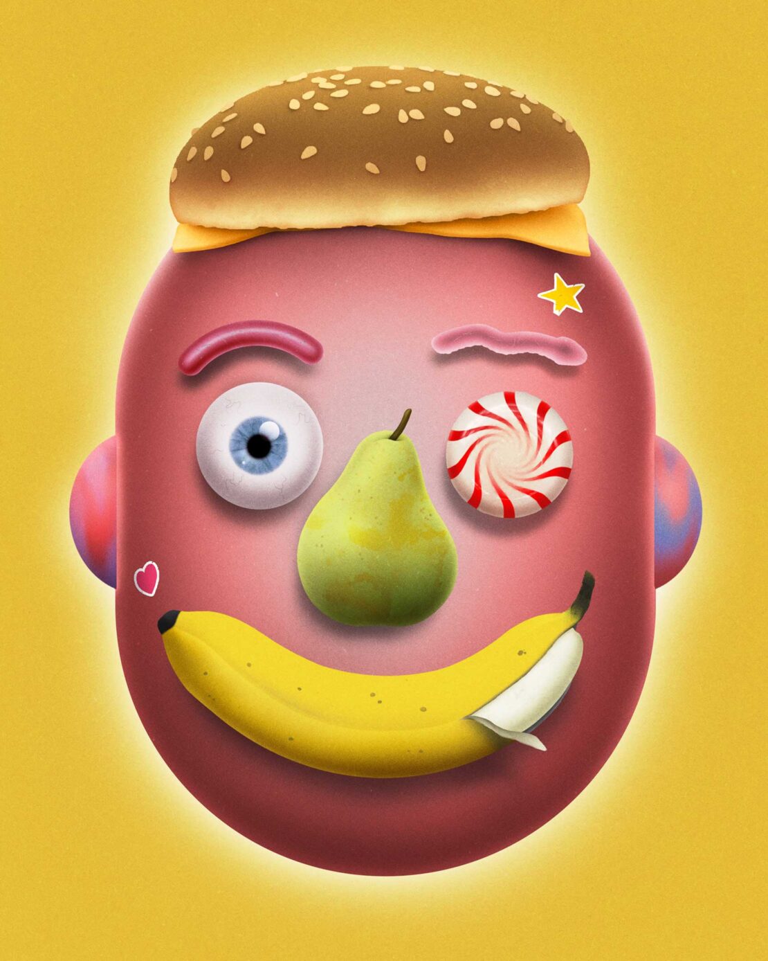 Surreal digital artwork of a pink-toned human face made of fruits and food, featuring a pear nose, banana smile, and burger hat, on a yellow backdrop.
