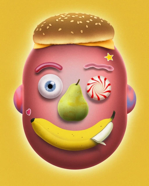 Surreal digital artwork of a pink-toned human face made of fruits and food, featuring a pear nose, banana smile, and burger hat, on a yellow backdrop.