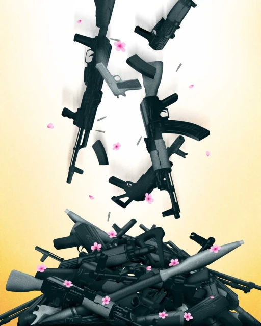 Illustration of pile of black guns with pink cherry blossoms scattered on top of and around them against a yellow and white gradient background.