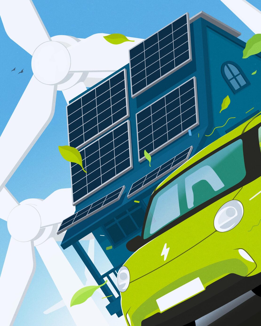 Illustration of a green electric car with a charging symbol in front of a building with solar panels and wind turbines.