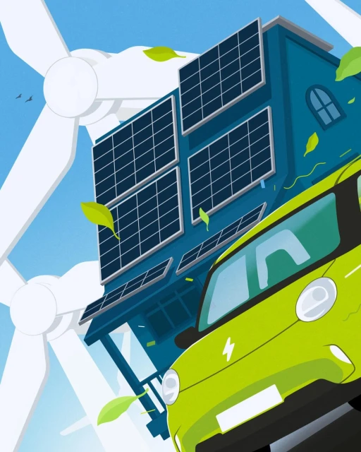 Illustration of a green electric car with a charging symbol in front of a building with solar panels and wind turbines.