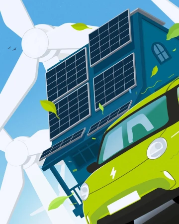 Illustration of a green electric car with a charging symbol in front of a building with solar panels and wind turbines.