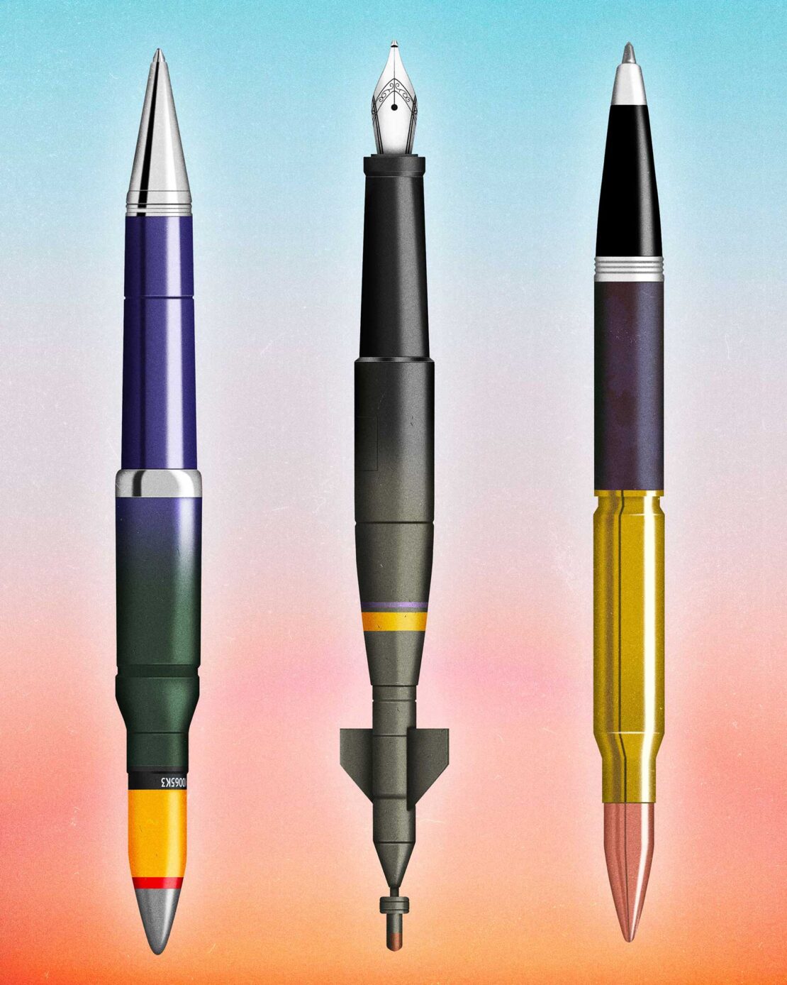 A surreal still-life image shows three pens designed to resemble bullets and artillery shells, set against a graduated background.