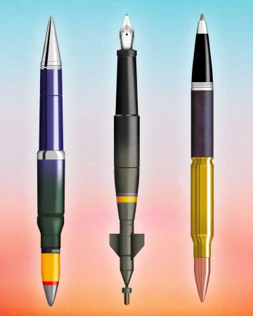 A surreal still-life image shows three pens designed to resemble bullets and artillery shells, set against a graduated background.