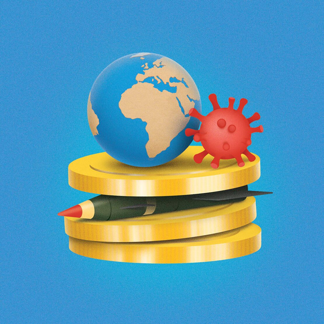 Digital rendering: globe, coronavirus, and rocket between gold coins on a blue background; symbolizing global financial instability.