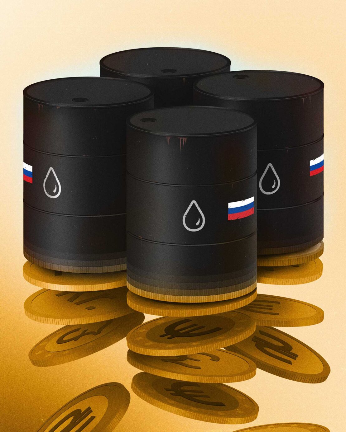 Illustration of black oil barrels with Russian flags atop golden euro coins on a shimmering yellow background, highlighting energy economics.