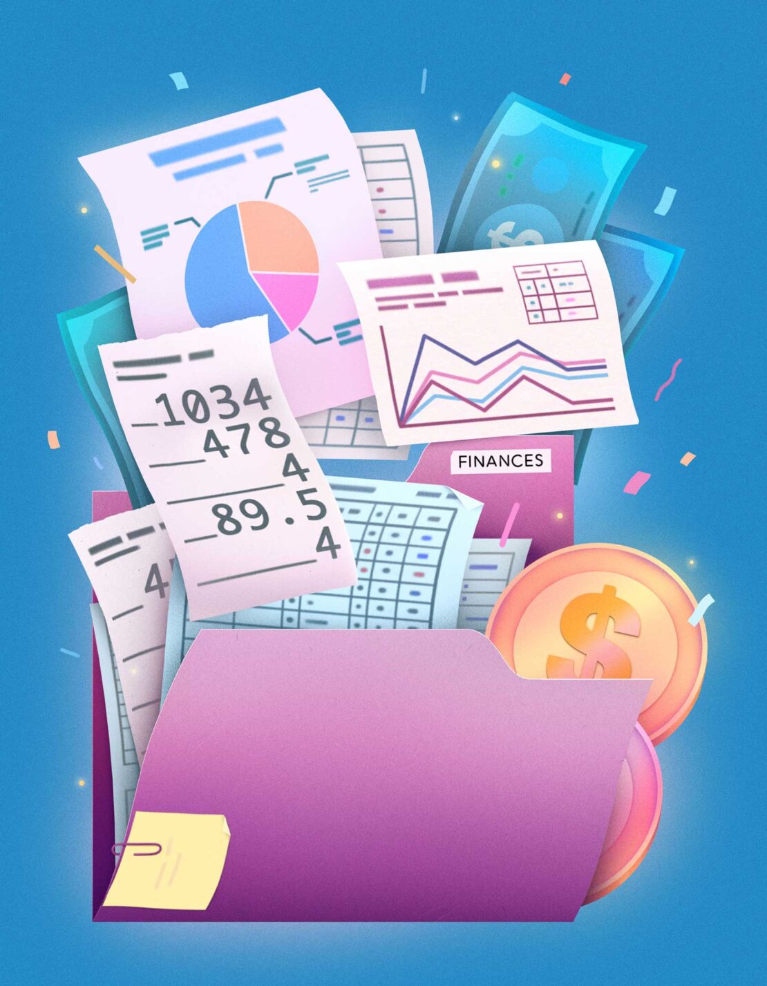 Open pink folder with financial documents, pie chart, cash money, and gold coins on a blue background in an illustration.
