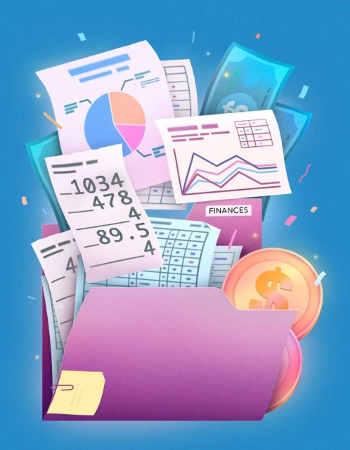 Open pink folder with financial documents, pie chart, cash money, and gold coins on a blue background in an illustration.