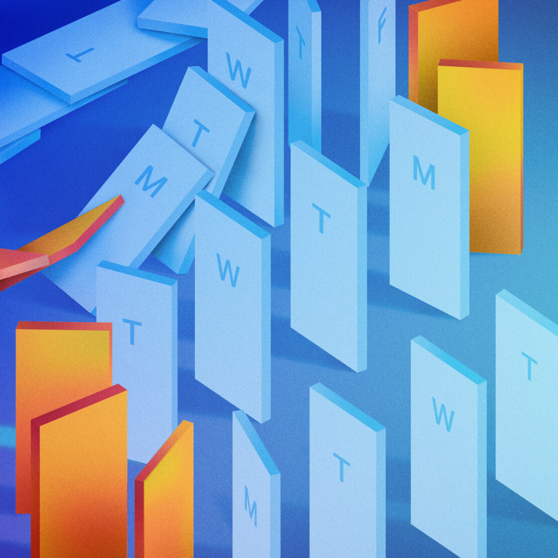 Abstract geometric illustration of white and yellow rectangular tiles with letters representing days of the week on a blue gradient background.
