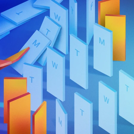 Abstract geometric illustration of white and yellow rectangular tiles with letters representing days of the week on a blue gradient background.