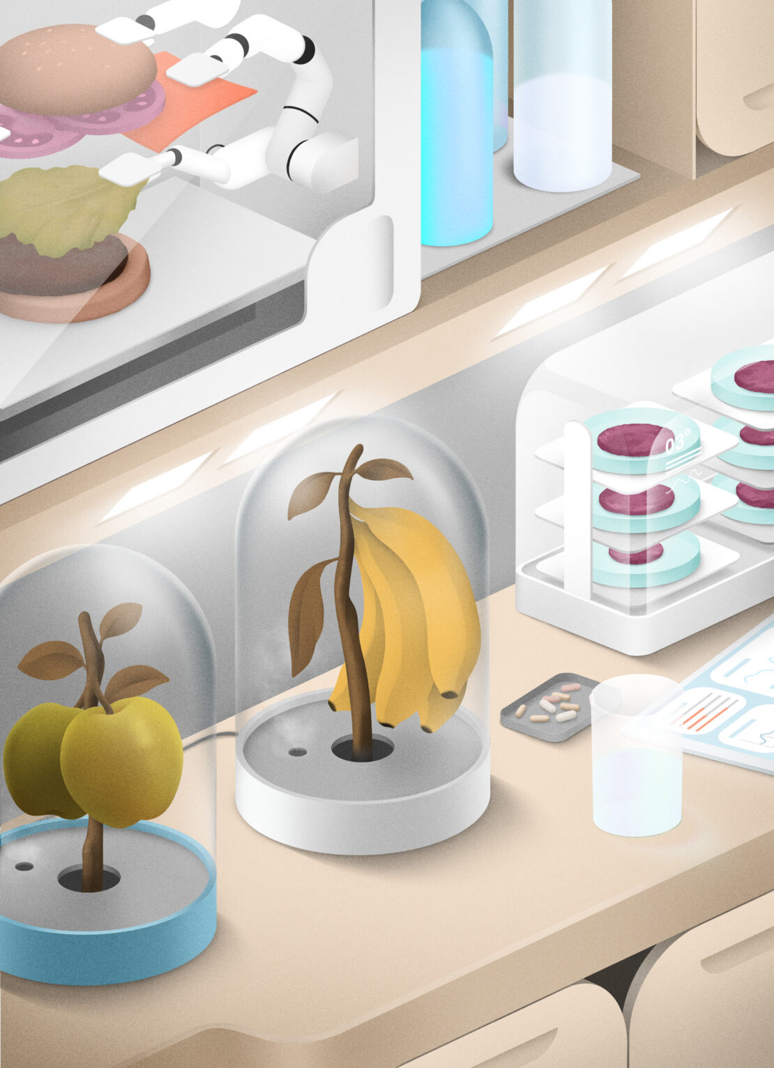 Illustration shows lab-grown fruit and a hamburger assembled by a robot arm, emphasizing food tech and modern agriculture concepts.