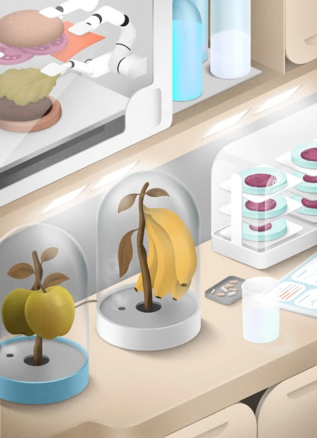 Illustration shows lab-grown fruit and a hamburger assembled by a robot arm, emphasizing food tech and modern agriculture concepts.