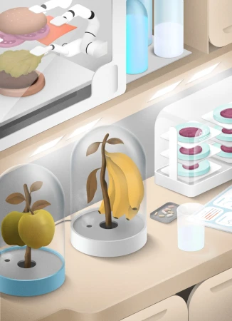 Illustration shows lab-grown fruit and a hamburger assembled by a robot arm, emphasizing food tech and modern agriculture concepts.
