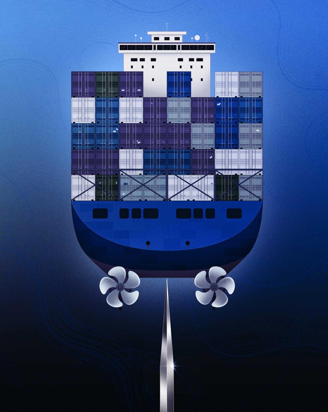 Illustration of a cargo ship with shipping containers, blue hull, propellers, and a rudder underwater against a gradient blue background.