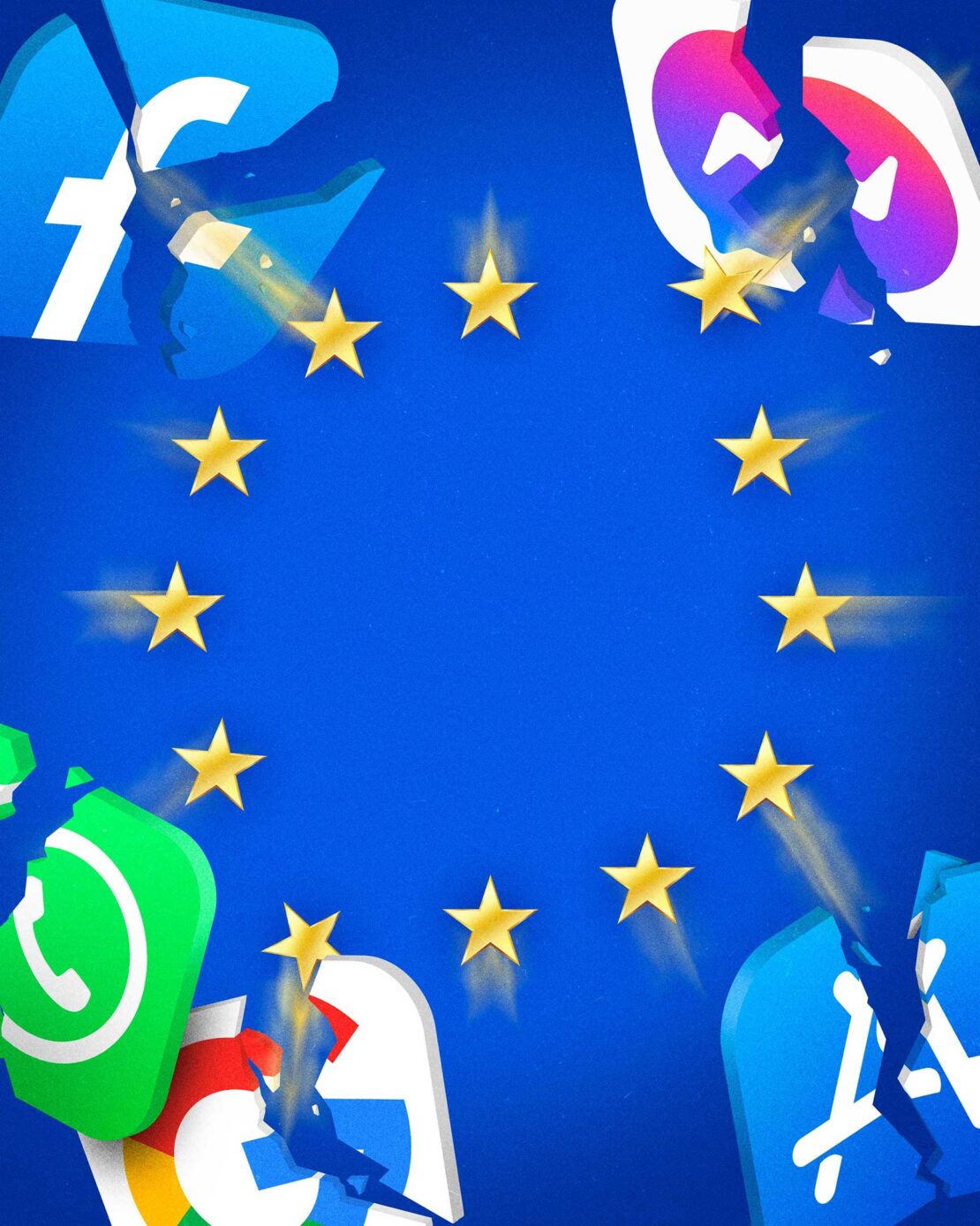 Illustration depicting tech company logos over a blue background with gold stars, symbolizing a fractured European Union flag.