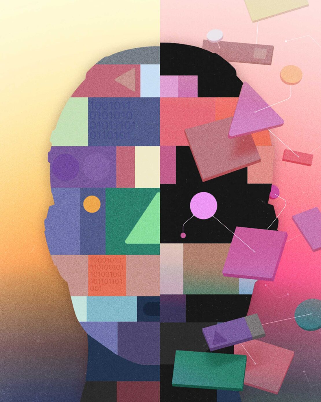 Abstract head silhouette in digital collage style with geometric shapes, binary code, and gradient color palette. Conceptual and artistic.