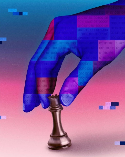 Illustration of a blue-toned hand holding a chess piece, with a background of binary code and pixelated blocks in shades of blue and pink.