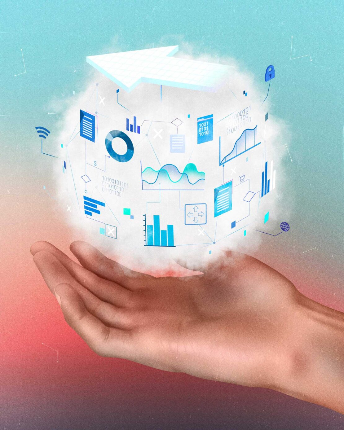 Conceptual illustration of a hand holding a cloud containing various data charts, graphs, and icons against a blue and pink gradient background.