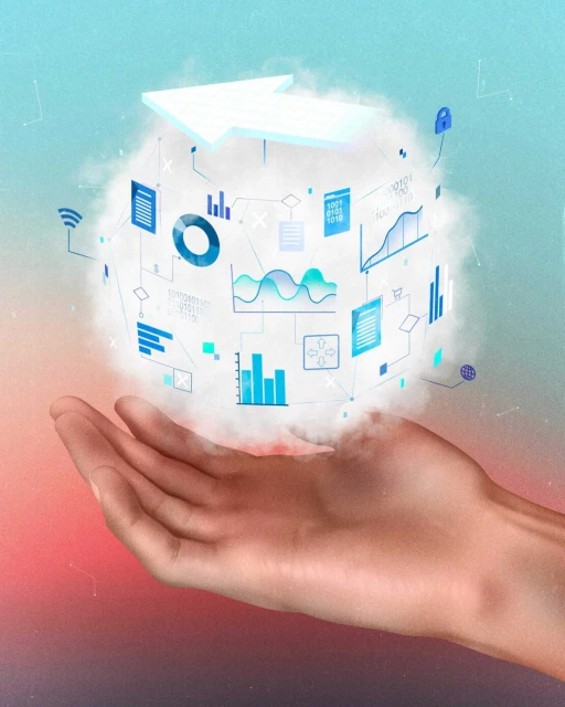 Conceptual illustration of a hand holding a cloud containing various data charts, graphs, and icons against a blue and pink gradient background.