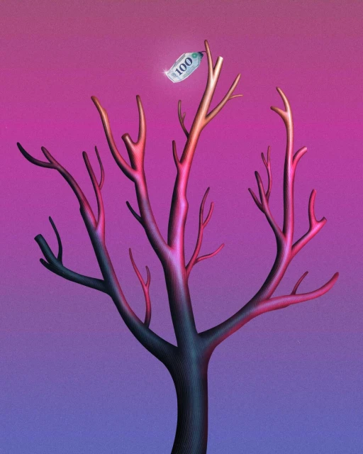 Illustration of a bare tree with a 100 currency bill at its tip, set against a pink and purple gradient background.