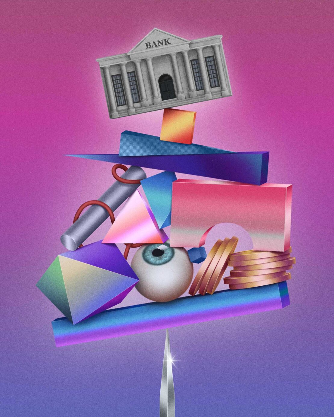 Surreal digital art of a bank building balanced on a stack of geometric shapes, with an eyeball, coins, and a needlepoint base.