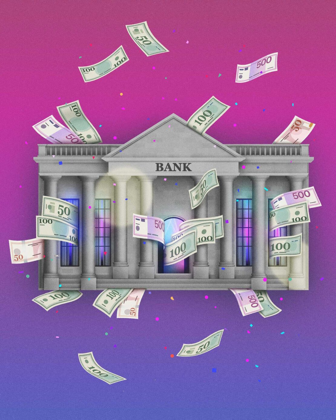 Illustration of a stylized bank building with money falling around it on a gradient pink and blue background. Financial theme.