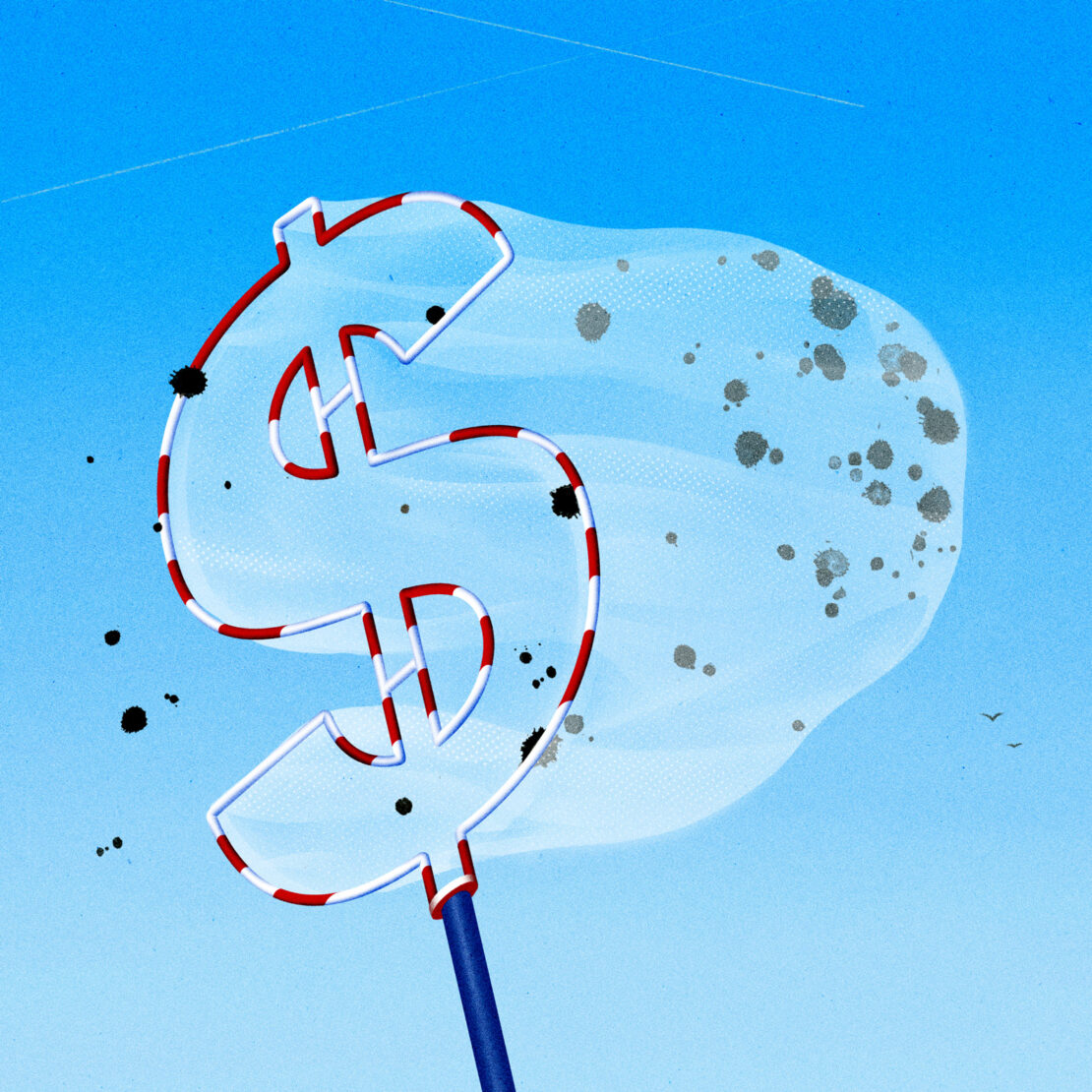 Illustration of a dollar sign-shaped net with red and white striped border over a blue sky background with gray and black spots inside the net.