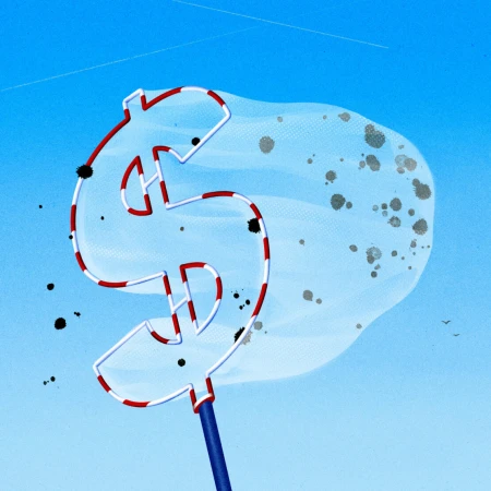 Illustration of a dollar sign-shaped net with red and white striped border over a blue sky background with gray and black spots inside the net.