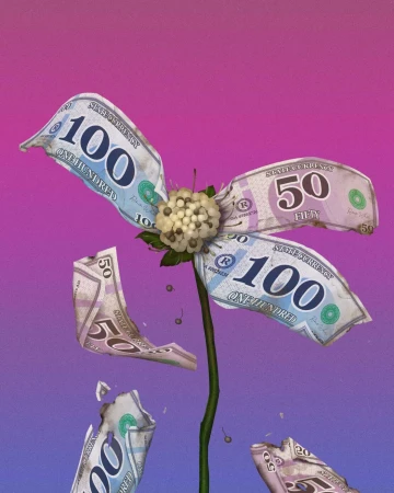Digitally crafted flower with petals made from United States currency set against a pink and purple gradient background.