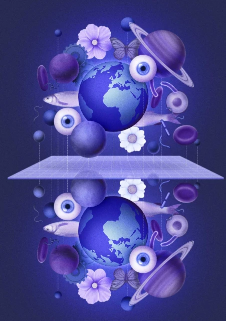 Surreal digital art featuring two globes surrounded by floating objects such as eyeballs, flowers, a planet, and fish on a purple background.