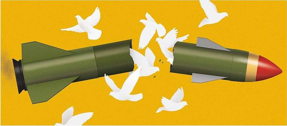 Illustration of a broken missile surrounded by white doves against a yellow background, symbolizing peace and the cessation of conflict.