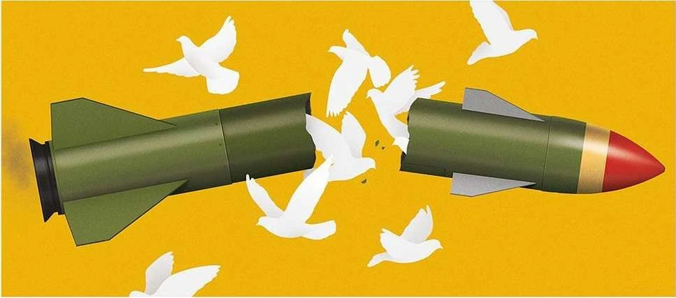 Illustration of a broken missile surrounded by white doves against a yellow background, symbolizing peace and the cessation of conflict.