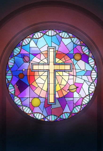 Stained glass window with a celestial cross design featuring planets and DNA strands within a circular frame against a dark background.
