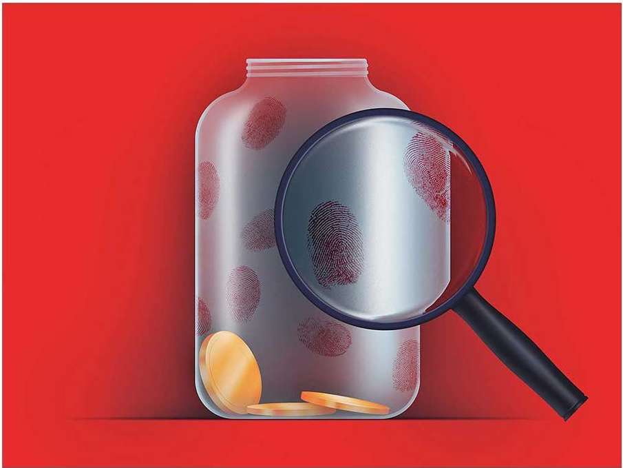 Illustration of a glass jar covered in fingerprints, partially filled with coins, and viewed through a magnifying glass against a red background.