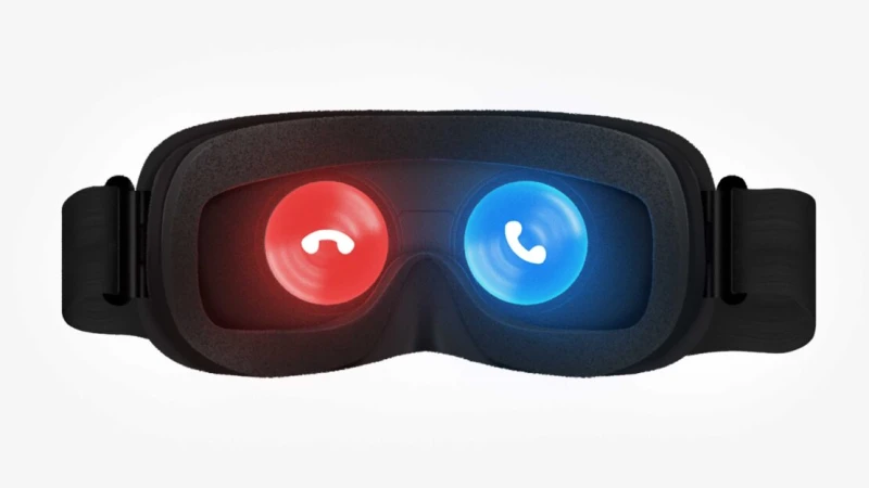 Black virtual reality headset with illuminated red and blue phone call icons displayed on the lenses.