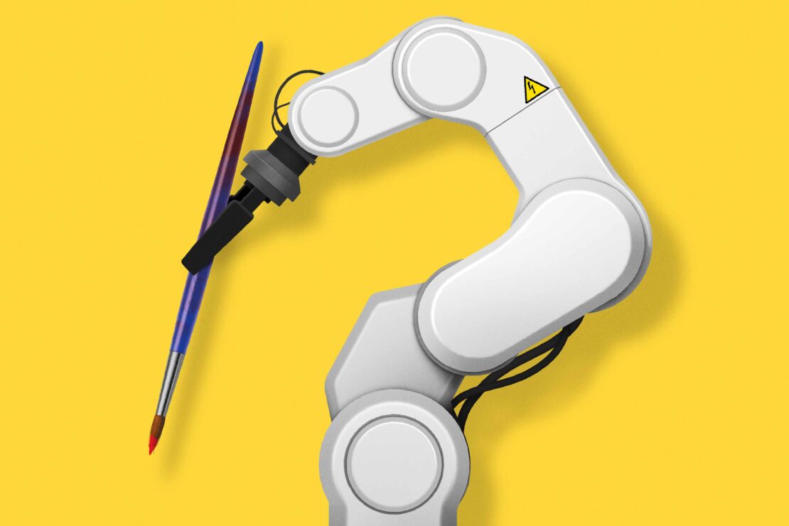 A robot arm holds a paintbrush with red paint against a yellow background, suggesting technology and artistry integration.