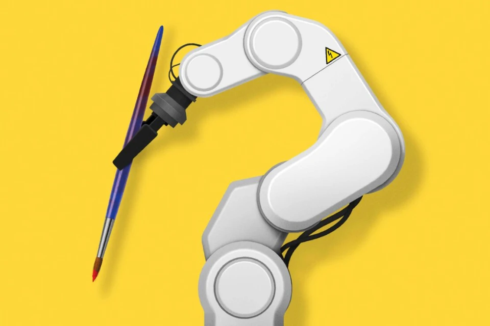 A robot arm holds a paintbrush with red paint against a yellow background, suggesting technology and artistry integration.