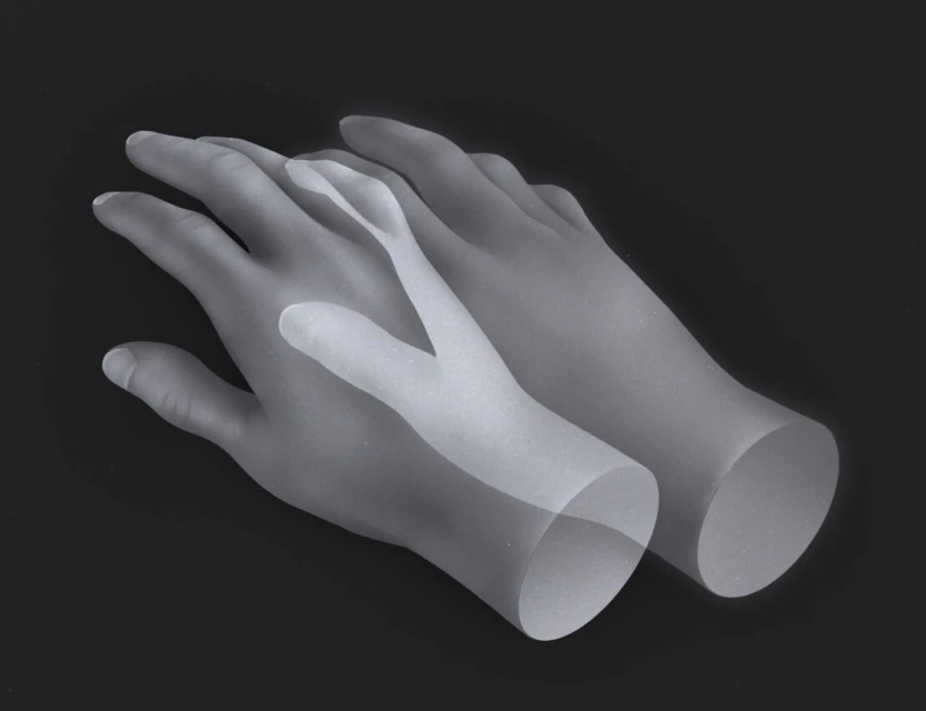Ghostly gray-scale image of two mannequin hands, one superimposed over the other in a surreal studio setting with dark background.