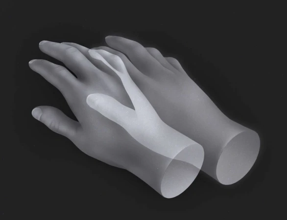 Ghostly gray-scale image of two mannequin hands, one superimposed over the other in a surreal studio setting with dark background.
