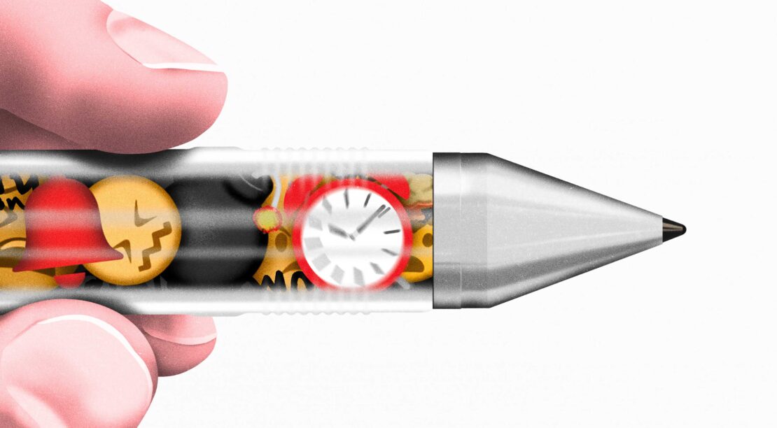 Illustration of a pen filled with emojis and a clock, held by a hand against a white background, creating a playful and intriguing visual.