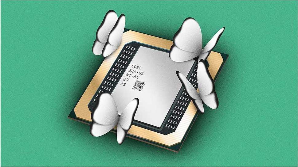 Close-up of computer chip surrounded by paper butterflies on a green backdrop, creating a tech-meets-nature artistic concept.