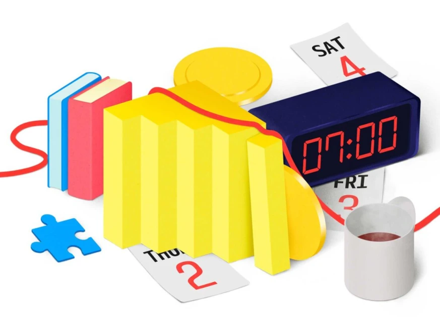 Isometric still life with a yellow column, books, calendar pages, digital clock reading 7:00, coin, puzzle piece, and red string on white.